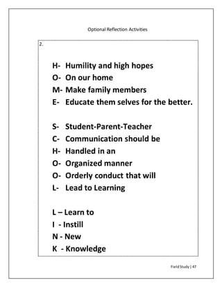FieldStudy| 47
Optional Reflection Activities
2.
H- Humility and high hopes
O- On our home
M- Make family members
E- Educate them selves for the better.
S- Student-Parent-Teacher
C- Communication should be
H- Handled in an
O- Organized manner
O- Orderly conduct that will
L- Lead to Learning
L – Learn to
I - Instill
N - New
K - Knowledge
 