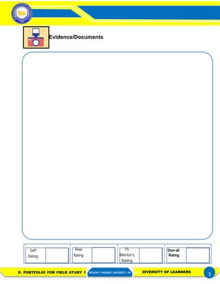 FIELD STUDY 1
Activity 3– Distinctness of a Learner
in a Diverse Classroom
E- PORTFOLIO FOR FIELD STUDY 1 REGION’S PREMIER UNIVERSITY OF CHOICE DIVERSITY OF LEARNERS
1
Evidence/Documents
Self
Rating
Peer
Rating
FS
Mentor’s
Rating
Over-all
Rating
 