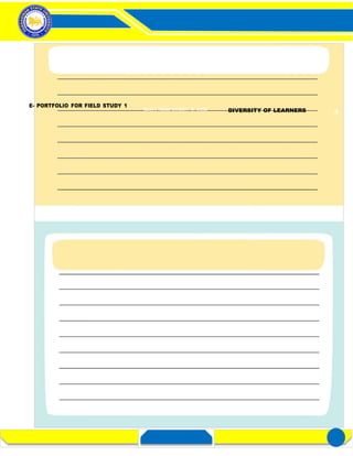 Activity 3– Distinctness of a Learner
in a Diverse Classroom
FIELD STUDY 1
E- PORTFOLIO FOR FIELD STUDY 1
REGION’S PREMIER UNIVERSITY OF CHOICE DIVERSITY OF LEARNERS 4
 