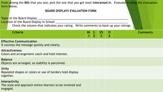 From among the BDs that you saw, pick the one that you got most interested in. Evaluate it using the evaluation
form below.
BOARD DISPLAYS EVALUATION FORM
Topic of the Board Display ________________________________________________________
Location of the Board Display in School _____________________________________________
Check the column that indicates your rating. Write comments to back up your ratings.
4 – Outstanding 3 – Very Satisfactory 2 – Satisfactory 1 – Needs improvement
Criteria NI
1
S
2
VS
3
O
4
Comments
Effective Communication
It conveys the message quickly and clearly.
Attractiveness
Colors and arrangement catch and hold interest.
Balance
Objects are arranged, so stability is perceived.
Unity
Repeated shapes or colors or use of borders hold display
together.
Interactivity
The style and approach entice learners to be involved and
engaged.
 