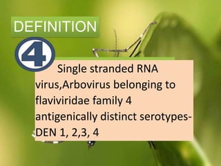 Single stranded RNA
virus,Arbovirus belonging to
flaviviridae family 4
antigenically distinct serotypes-
DEN 1, 2,3, 4
DEFINITION
 