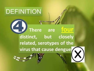 There are four
distinct, but closely
related, serotypes of the
virus that cause dengue
DEFINITION
 