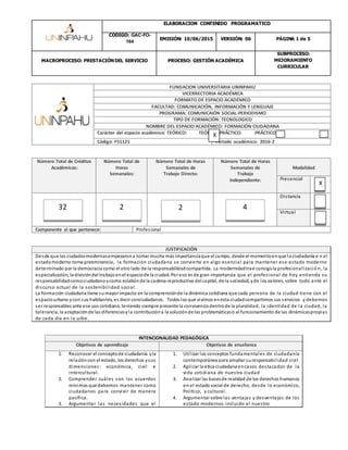 ELABORACION CONTENIDO PROGRAMATICO
CÓDIGO: GAC-FO-
164
EMISIÓN: 10/06/2015 VERSIÓN: 06 PÁGINA 1 de 5
MACROPROCESO: PRESTACIÓNDEL SERVICIO PROCESO: GESTIÓN ACADÉMICA
SUBPROCESO:
MEJORAMIENTO
CURRICULAR
FUNDACION UNIVERSITARIA UNINPAHU
VICERRECTORIA ACADÉMICA
FORMATO DE ESPACIO ACADÉMICO
FACULTAD: COMUNICACIÓN, INFORMACIÓN Y LENGUAJE
PROGRAMA: COMUNICAIÓN SOCIAL-PERIODISMO
TIPO DE FORMACIÓN: TECNOLOGICO
NOMBRE DEL ESPACIO ACADÉMICO: FORMACIÓN CIUDADANA
Carácter del espacio académico: TEÓRICO: TEÓRICO-PRÁCTICO: PRÁCTICO:
Código: FS1121 Periodo académico: 2016-2
Número Total de Créditos
Académicos:
Número Total de
Horas
Semanales:
Número Total de Horas
Semanales de
Trabajo Directo:
Número Total de Horas
Semanales de
Trabajo
Independiente:
Modalidad
Presencial
Distancia
Virtual
Componente al que pertenece: Profesional
JUSTIFICACIÓN
Desde que las ciudadesmodernasempezarona tomar mucha más importanciaque el campo, desde el momentoenque la ciudadanía e n el
estadomoderno toma preeminencia, la formación ciudadana se convierte en algo esencial para mantener ese estado moderno
determinado por la democracia como el otro lado de la responsabilidadcompartida. La modernidadtrae consigola profesionalizació n, la
especialización, la divisióndel trabajoenel espaciode la ciudad. Por eso es de gran importancia que el profesional de hoy entienda su
responsabilidadcomociudadanoycomo eslabónde la cadena reproductiva del capital, de la sociedad, yde los valores, sobre todo ante el
discurso actual de la sostenibilidad social.
La formación ciudadana tiene sumayor impacto en la comprensiónde la dinámica cotidiana que cada persona de la ciudad tiene con el
espaciourbano ycon sus habitantes, es decir conciudadanos. Todos los que vivimos enesta ciudadcompartimos sus servicios y debemos
ser responsables ante ese uso cotidiano, teniendo siempre presente la convivencia dentrode la pluralidad, la identidad de la ciudad, la
tolerancia, la aceptaciónde las diferenciasyla contribucióna la soluciónde las problemáticaso al funcionamiento de las dinámicaspropias
de cada día en la urbe.
INTENCIONALIDAD PEDAGÓGICA
Objetivos de aprendizaje Objetivos de enseñanza
1. Reconocer el conceptode ciudadanía yla
relacióncon el estado, los derechos ysus
dimensiones: económica, civil e
intercultural.
2. Comprender cuáles son los acuerdos
mínimos que debemos mantener como
ciudadanos para convivir de manera
pacífica.
3. Argumentar las necesidades que el
1. Utilizar los conceptos fundamentales de ciudadanía
contemporánea para ampliar suresponsabilidad civil.
2. Aplicar la ética ciudadana encasos destacados de la
vida cotidiana de nuestra ciudad
3. Analizar las basesde realidad de los derechos humanos
en el estado social de derecho, desde lo económico,
Político, y cultural.
4. Argumentar sobre las ventajas y desventajas de los
estado modernos incluido el nuestro
X
X
32 2 2 4
 