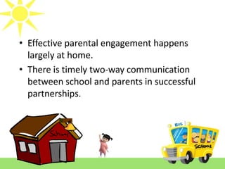 • Effective parental engagement happens
largely at home.
• There is timely two-way communication
between school and parents in successful
partnerships.

 