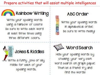 Prepare activities that will assist multiple intelligences

 