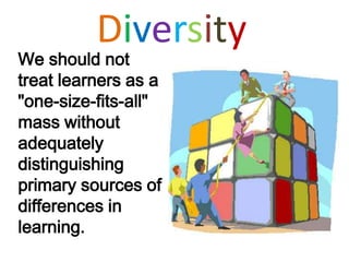 Diversity

We should not
treat learners as a
"one-size-fits-all"
mass without
adequately
distinguishing
primary sources of
differences in
learning.

 