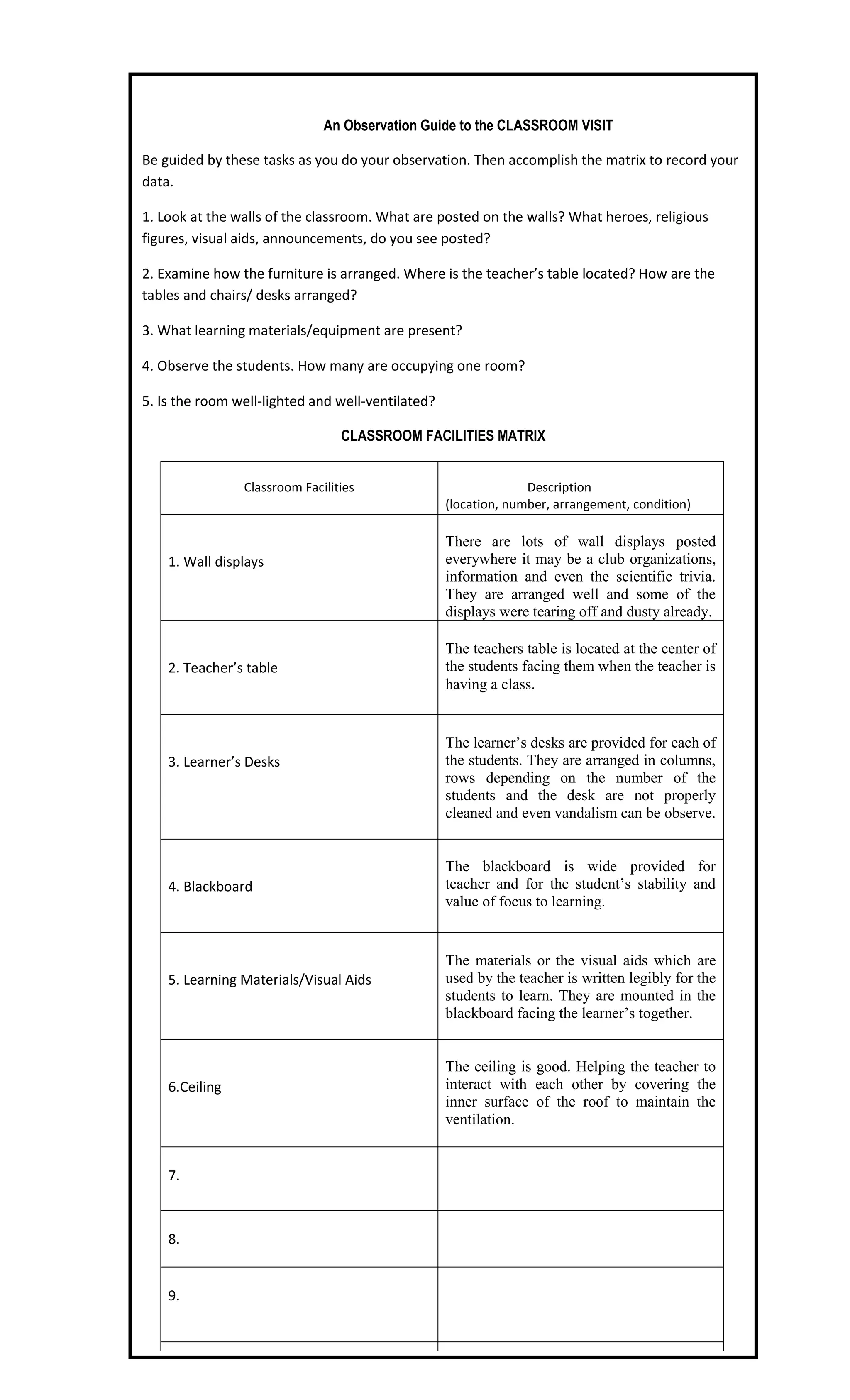 An Observation Guide to the CLASSROOM VISIT

Be guided by these tasks as you do your observation. Then accomplish the matrix to record your
data.

1. Look at the walls of the classroom. What are posted on the walls? What heroes, religious
figures, visual aids, announcements, do you see posted?

2. Examine how the furniture is arranged. Where is the teacher’s table located? How are the
tables and chairs/ desks arranged?

3. What learning materials/equipment are present?

4. Observe the students. How many are occupying one room?

5. Is the room well-lighted and well-ventilated?

                                 CLASSROOM FACILITIES MATRIX


                Classroom Facilities                             Description
                                                   (location, number, arrangement, condition)

                                                   There are lots of wall displays posted
    1. Wall displays                               everywhere it may be a club organizations,
                                                   information and even the scientific trivia.
                                                   They are arranged well and some of the
                                                   displays were tearing off and dusty already.

                                                   The teachers table is located at the center of
    2. Teacher’s table                             the students facing them when the teacher is
                                                   having a class.


                                                   The learner’s desks are provided for each of
    3. Learner’s Desks                             the students. They are arranged in columns,
                                                   rows depending on the number of the
                                                   students and the desk are not properly
                                                   cleaned and even vandalism can be observe.


                                                   The blackboard is wide provided for
    4. Blackboard                                  teacher and for the student’s stability and
                                                   value of focus to learning.


                                                   The materials or the visual aids which are
    5. Learning Materials/Visual Aids              used by the teacher is written legibly for the
                                                   students to learn. They are mounted in the
                                                   blackboard facing the learner’s together.


                                                   The ceiling is good. Helping the teacher to
    6.Ceiling                                      interact with each other by covering the
                                                   inner surface of the roof to maintain the
                                                   ventilation.


    7.



    8.


    9.



    10.
 