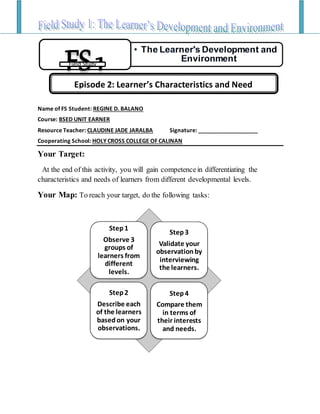 Episode 2: Learner’s Characteristics and Need
Name of FS Student: REGINE D. BALANO
Course: BSED UNIT EARNER
Resource Teacher: CLAUDINE JADE JARALBA Signature: ___________________
Cooperating School: HOLY CROSS COLLEGE OF CALINAN
Your Target:
At the end of this activity, you will gain competencein differentiating the
characteristics and needs of learners from different developmental levels.
Your Map: To reach your target, do the following tasks:
• The Learner's Development and
Environment
FS1Field Study
Step1
Observe 3
groups of
learners from
different
levels.
Step3
Validate your
observationby
interviewing
the learners.
Step2
Describe each
of the learners
basedon your
observations.
Step4
Compare them
in terms of
their interests
and needs.
 