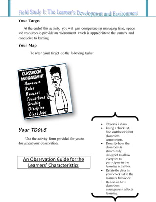 Your Target
At the end of this activity, you will gain competence in managing time, space
and resources to provide an environment which is appropriate to the learners and
conducive to learning.
Your Map
To reach your target, do the following tasks:
Your TOOLS
Use the activity form provided for you to
document your observation.
An Observation Guide for the
Learners’ Characteristics
 Observe a class.
 Using a checklist,
find out the evident
classroom
components.
 Describe how the
classroom is
structured/
designed to allow
everyone to
participate in the
learning activities.
 Relate the data in
your checklist to the
learners’ behavior.
 Reflect on how
classroom
management affects
learning.
 
