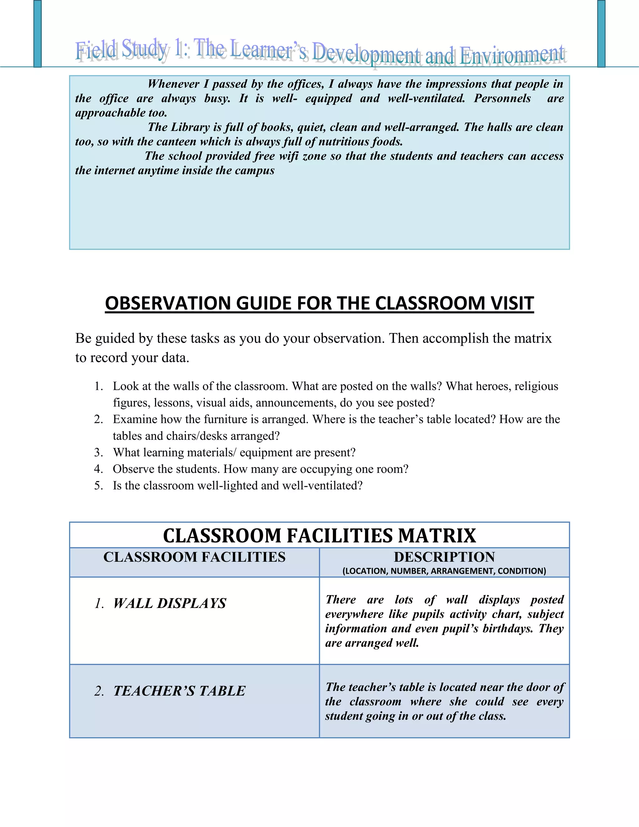 Whenever I passed by the offices, I always have the impressions that people in
the office are always busy. It is well- equipped and well-ventilated. Personnels are
approachable too.
The Library is full of books, quiet, clean and well-arranged. The halls are clean
too, so with the canteen which is always full of nutritious foods.
The school provided free wifi zone so that the students and teachers can access
the internet anytime inside the campus
OBSERVATION GUIDE FOR THE CLASSROOM VISIT
Be guided by these tasks as you do your observation. Then accomplish the matrix
to record your data.
1. Look at the walls of the classroom. What are posted on the walls? What heroes, religious
figures, lessons, visual aids, announcements, do you see posted?
2. Examine how the furniture is arranged. Where is the teacher’s table located? How are the
tables and chairs/desks arranged?
3. What learning materials/ equipment are present?
4. Observe the students. How many are occupying one room?
5. Is the classroom well-lighted and well-ventilated?
CLASSROOM FACILITIES MATRIX
CLASSROOM FACILITIES DESCRIPTION
(LOCATION, NUMBER, ARRANGEMENT, CONDITION)
1. WALL DISPLAYS There are lots of wall displays posted
everywhere like pupils activity chart, subject
information and even pupil’s birthdays. They
are arranged well.
2. TEACHER’S TABLE The teacher’s table is located near the door of
the classroom where she could see every
student going in or out of the class.
 