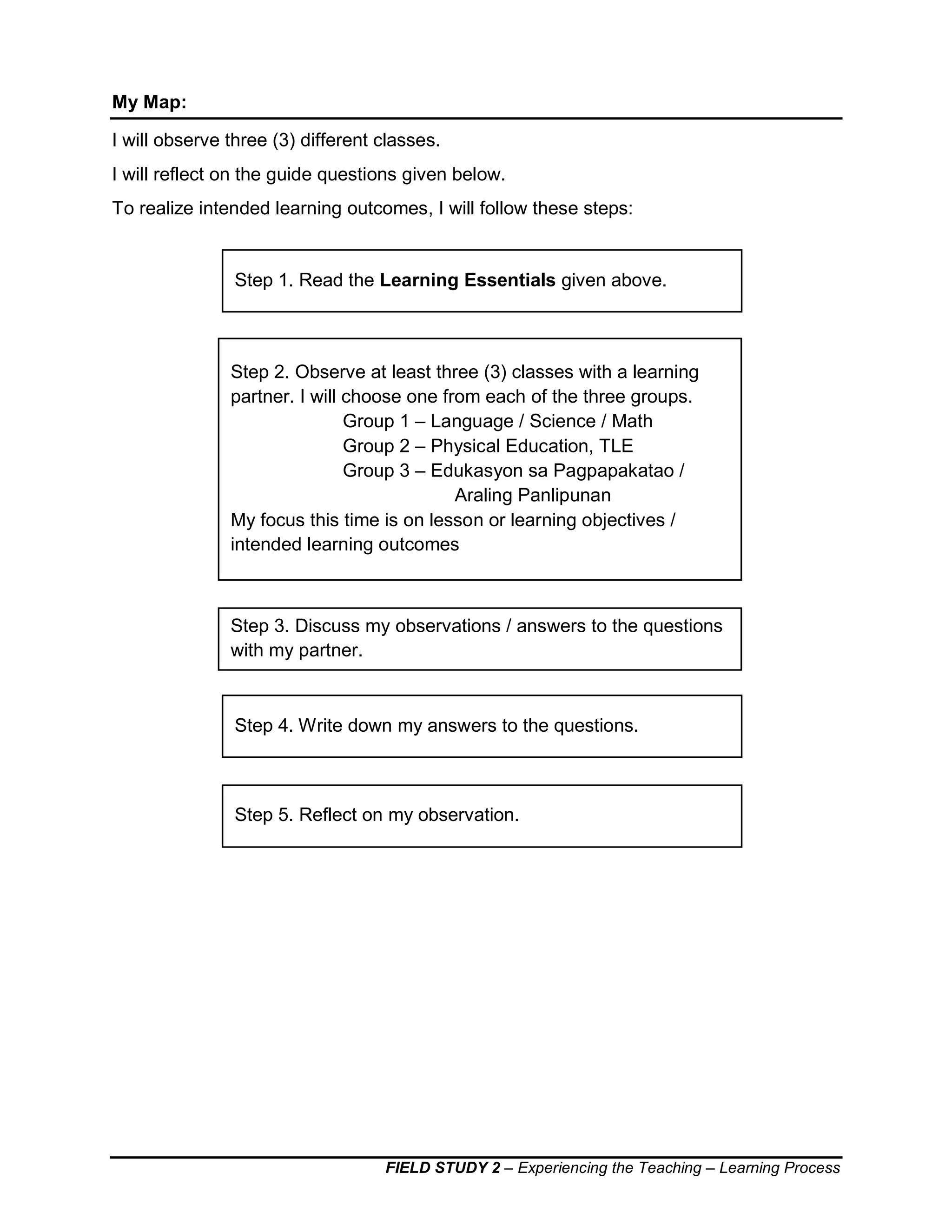 FIELD STUDY 2 – Experiencing the Teaching – Learning Process
My Map:
I will observe three (3) different classes.
I will reflect on the guide questions given below.
To realize intended learning outcomes, I will follow these steps:
Step 1. Read the Learning Essentials given above.
Step 2. Observe at least three (3) classes with a learning
partner. I will choose one from each of the three groups.
Group 1 – Language / Science / Math
Group 2 – Physical Education, TLE
Group 3 – Edukasyon sa Pagpapakatao /
Araling Panlipunan
My focus this time is on lesson or learning objectives /
intended learning outcomes
Step 3. Discuss my observations / answers to the questions
with my partner.
Step 4. Write down my answers to the questions.
Step 5. Reflect on my observation.
 