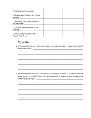 9. Soliciting student question

10. Encouraging through non – verbal
behavior

11. Criticizing responding student for
his/her answer

12. Scolding for misbehavior or not
listening

13. Overusing expressions such as
“Okay”, “Right”, etc.


       My Analysis
    1. Which questioning and reacting techniques encouraged teacher – student interaction?
      Which ones did not? ________________________________________________________
       _________________________________________________________________________
       _________________________________________________________________________
       _________________________________________________________________________
       _________________________________________________________________________
       _________________________________________________________________________
       _________________________________________________________________________
       _________________________________________________________________________
       _________________________________________________________________________
       _________________________________________________________________________
    2. What did Neil Postman mean when he said: “Children go to school as question marks and
       leave schools as periods”? Does this have something to do with teacher’s questioning
       and reacting techniques? ____________________________________________________
       _________________________________________________________________________
       _________________________________________________________________________
       _________________________________________________________________________
       _________________________________________________________________________
       _________________________________________________________________________
       _________________________________________________________________________
       _________________________________________________________________________
       _________________________________________________________________________
       _________________________________________________________________________
 