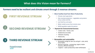 Confidential
SECOND REVENUE STREAM
THIRD REVENUE STREAM
• More healthy Food from More Productivity
• Climate smart agriculture
• Diet oriented production – vegetables and proteins
versus carbos and fats
• Less food loss and waste
• Better market access from remote areas
• Buffering global supply disruptions
FIRST REVENUE STREAM
• Payment for Environmental Services
• Carbon sinks – forests, soils
• Biodiversity set-asides
• Pollutant recycling
• Biosecurity
• Renewables and sustainability
• Renewable energy for own use and grid – solar, wind,
micro-hydro
• Nutrient recycling – composting, organic matter
recovery, efficient chemicals
• Irrigation – water productivity, lower withdrawals
Farmers need to be resilient and climate smart through 3 revenue streams:
What does this Vision mean for Farmers?
4
 