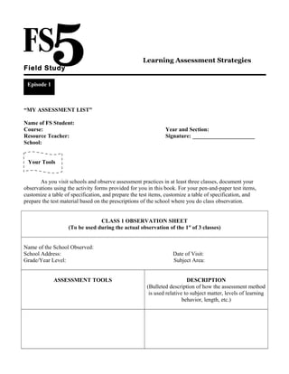 Learning Assessment Strategies

Field Study
Episode 1

“MY ASSESSMENT LIST”
Name of FS Student:
Course:
Resource Teacher:
School:

Year and Section:
Signature: ______________________

Your Tools
As you visit schools and observe assessment practices in at least three classes, document your
observations using the activity forms provided for you in this book. For your pen-and-paper test items,
customize a table of specification, and prepare the test items, customize a table of specification, and
prepare the test material based on the prescriptions of the school where you do class observation.
CLASS 1 OBSERVATION SHEET
(To be used during the actual observation of the 1st of 3 classes)
Name of the School Observed:
School Address:
Grade/Year Level:
ASSESSMENT TOOLS

Date of Visit:
Subject Area:
DESCRIPTION
(Bulleted description of how the assessment method
is used relative to subject matter, levels of learning
behavior, length, etc.)

 