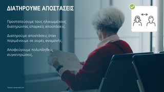 ΔΙΑΤΗΡΟΥΜΕ ΑΠΟΣΤΑΣΕΙΣ
Προστατεύουμε τους ηλικιωμένους
διατηρώντας επαρκείς αποστάσεις.
Διατηρούμε αποστάσεις όταν
περιμένουμε σε ουρές αναμονής.
Αποφεύγουμε πολυπληθείς
συγκεντρώσεις.
Source: www.who.int
 