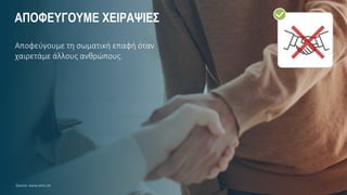 Αποφεύγουμε τη σωματική επαφή όταν
χαιρετάμε άλλους ανθρώπους.
ΑΠΟΦΕΥΓΟΥΜΕ ΧΕΙΡΑΨΙΕΣ
Source: www.who.int
 