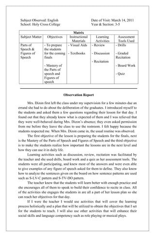 Subject Observed: English                            Date of Visit: March 14, 2011
 School: Holy Cross College                           Year & Section: 3-5

                                         Matrix
 Subject Matter      Objectives       Instructional       Learning         Assessment
                                        Materials         Activities       Tools Used
 Parts of          - To prepare      - Visual Aids     - Review          - Drills
 Speech &          the students
 Figures of        for the coming - Textbooks          - Discussion      - Graded
 Speech            finals                                                Recitation
                                                       - Recitation
                   - Mastery of                                          - Board Work
                   the Parts of
                   speech and                                            - Quiz
                   Figures of
                   speech


                                  Observation Report

       Mrs. Dizon first left the class under my supervision for a few minutes due an
errand she had to do about the deliberation of the graduates. I introduced myself to
the students and asked them a few questions regarding their lesson for that day. I
found out that they already know what is expected of them and I was relieved that
they were well-behaved during Mrs. Dizon’s absence; they even asked permission
from me before they leave the class to use the restroom. I felt happy because the
students respected me. When Mrs. Dizon came in, the usual routine was observed.
       The first objective of the lesson is preparing the students for the finals, next
is the Mastery of the Parts of Speech and Figures of Speech and the third objective
is to make the students realize how important the lessons are in the next level and
how they can use it in daily life.
       Learning activities such as discussion, review, recitation was facilitated by
the teacher and she used drills, board work and a quiz as her assessment tools. The
students were all participating, and knew most of the answers and were even able
to give examples of any figure of speech asked for them to define. They also know
how to analyze the sentences given on the board on how sentence patterns are used
such as S-LV-C pattern and S-TV-DO pattern.
       The teacher knew that the students will learn better with enough practice and
she encourages all of them to speak to build their confidence to recite in class. All
of the activities she engages the students in are all a part of her lesson plan so she
can reach her objectives for that day.
       If I were the teacher I would use activities that will cover the learning
process holistically and a plan that will be utilized to obtain the objectives that I set
for the students to reach. I will also use other activities that will enhance their
social skills and language competency such as role playing or musical plays.
 