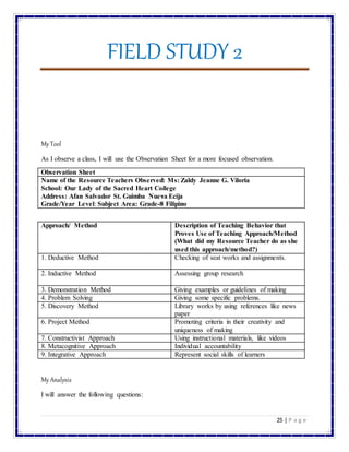 Field Study Observation Key Fs 2 Experiencing Teaching Learning Process BY luisito | DOCX