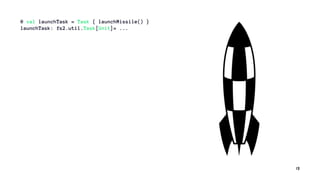 @ val launchTask = Task { launchMissile() }
launchTask: fs2.util.Task[Unit]= ...
13
 