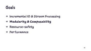 Goals
4 Incremental IO & Stream Processing
4 Modularity & Composability
4 Resource-safety
4 Performance
22
 