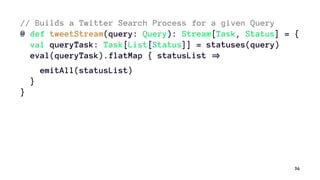 // Builds a Twitter Search Process for a given Query
@ def tweetStream(query: Query): Stream[Task, Status] = {
val queryTask: Task[List[Status]] = statuses(query)
eval(queryTask).flatMap { statusList
emitAll(statusList)
}
}
36
 