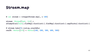 Stream.map
@ val stream = integerStream.map(_ * 100)
stream: Stream[Task, Int] =
attemptEval(Task).flatMap(<function1>).flatMap(<function1>).mapChunks(<function1>)
@ stream.take(5).runLog.unsafeRun
res39: Vector[Int] = Vector(100, 200, 300, 400, 500)
47
 