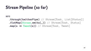 Stream Pipeline (so far)
src
.through(twitterPipe) // Stream[Task, List[Status]]
.flatMap(Stream.emits(_)) // Stream[Task, Status]
.map(s Tweet(s)) // Stream[Task, Tweet]
68
 
