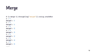 Merge
@ (s merge t).through(log("merged")).runLog.unsafeRun
s > 1
merged > 1
t > 1
merged > 1
s > 2
merged > 2
s > 3
merged > 3
t > 2
merged > 2
s > 4
merged > 4
s > 5
merged > 5
....
78
 