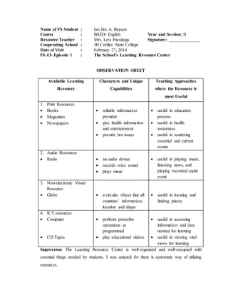 Name of FS Student : Ian Jim A. Bayson
Course : BSED- English Year and Section: II
Resource Teacher : Mrs. Levi Pacalioga Signature: ______________
Cooperating School : JH Cerilles State College
Date of Visit : February 27, 2014
FS #3- Episode 1 : The School’s Learning Resource Center
OBSERVATION SHEET
Available Learning
Resource
Characters and Unique
Capabilities
Teaching Approaches
where the Resource is
most Useful
1. Print Resources
 Books
 Magazines
 Newspapers
 reliable information
provider
 give health information
and entertainment
 provide hot issues
 useful in education
process
 useful in health
awareness
 useful in scattering
essential and current
events
2. Audio Resources
 Radio  an audio device
 records voice sound
 plays music
 useful in playing music,
listening news, and
playing recorded audio
event
3. Non-electronic Visual
Resource
 Globe  a circular object that all
countries’ information,
location and shape
 useful in locating and
finding places
4. ICT resources
 Computer
 CD Tapes
 perform prescribe
operations as
programmed
 play educational videos
 useful in accessing
information and data
needed for learning
 useful in viewing vital
views for learning
Impression: The Learning Resource Center is well-organized and well-occupied with
essential things needed by students. I was amazed for there is systematic way of utilizing
resources.
 