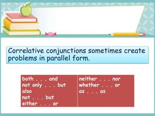Correlative conjunctions sometimes create
problems in parallel form.
both . . . and
not only . . . but
also
not . . . but
either . . . or
neither . . . nor
whether . . . or
as . . . as
 