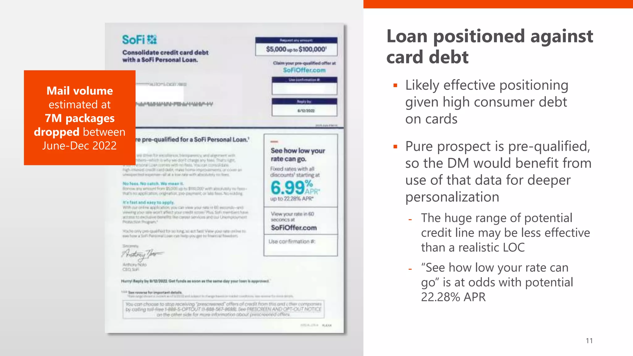 Loan positioned against
card debt
 Likely effective positioning
given high consumer debt
on cards
 Pure prospect is pre-qualified,
so the DM would benefit from
use of that data for deeper
personalization
- The huge range of potential
credit line may be less effective
than a realistic LOC
- “See how low your rate can
go” is at odds with potential
22.28% APR
11
Mail volume
estimated at
7M packages
dropped between
June-Dec 2022
 