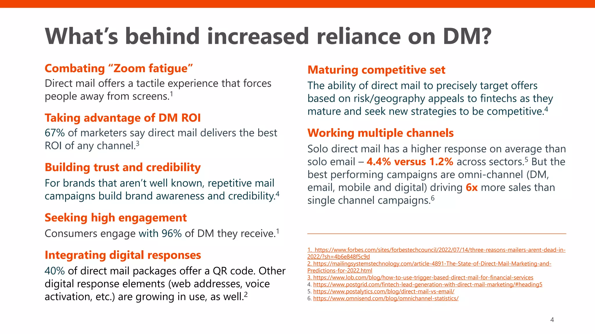 What’s behind increased reliance on DM?
4
Combating “Zoom fatigue”
Direct mail offers a tactile experience that forces
people away from screens.1
Taking advantage of DM ROI
67% of marketers say direct mail delivers the best
ROI of any channel.3
Building trust and credibility
For brands that aren’t well known, repetitive mail
campaigns build brand awareness and credibility.4
Seeking high engagement
Consumers engage with 96% of DM they receive.1
Integrating digital responses
40% of direct mail packages offer a QR code. Other
digital response elements (web addresses, voice
activation, etc.) are growing in use, as well.2
Maturing competitive set
The ability of direct mail to precisely target offers
based on risk/geography appeals to fintechs as they
mature and seek new strategies to be competitive.4
Working multiple channels
Solo direct mail has a higher response on average than
solo email – 4.4% versus 1.2% across sectors.5 But the
best performing campaigns are omni-channel (DM,
email, mobile and digital) driving 6x more sales than
single channel campaigns.6
1. https://www.forbes.com/sites/forbestechcouncil/2022/07/14/three-reasons-mailers-arent-dead-in-
2022/?sh=4b6e848f5c9d
2. https://mailingsystemstechnology.com/article-4891-The-State-of-Direct-Mail-Marketing-and-
Predictions-for-2022.html
3. https://www.lob.com/blog/how-to-use-trigger-based-direct-mail-for-financial-services
4. https://www.postgrid.com/fintech-lead-generation-with-direct-mail-marketing/#heading5
5. https://www.postalytics.com/blog/direct-mail-vs-email/
6. https://www.omnisend.com/blog/omnichannel-statistics/
 