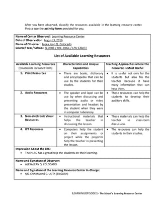 LEARNINGEPISODE1 - The School’s Learning Resource Center
After you have observed, classify the resources available in the learning resource center.
Please use the activity form provided for you.
Name of Center Observed: Learning Resource Center
Date of Observation: August 3, 2016
Name of Observer: Alexa Jean Q. Colocado
Course/ Year/ School: SED301 / BSE-ENGL / LPU CAVITE
List of Available Learning Resources
Available Learning Resources
(Enumerate in bullet form)
Characteristics and Unique
Capabilities
Teaching Approaches where the
Resource is Most Useful
1. Print Resources  There are books, dictionary
and encyclopedia that can be
use by the students for their
studies.
 It is useful not only for the
students but also fro the
teacher because it have
many information that can
help them.
2. Audio Resources  The speaker and lapel can be
use by when discussing and
presenting audio or video
presentation and headset by
the student when they were
in computer laboratory.
 These resources can help the
students to develop their
auditory skills.
3. Non-electronicVisual
Resources
 Instructional materials that
helps the teacher in
discussing the lesson.
 These materials can help the
teacher in classroom
discussion.
4. ICT Resources  Computers help the student
on their assignments or
project while the projector
help the teacher in presenting
the lesson.
 The resources can help the
students in their studies.
Impression About the LRC:
 Their LRC has a great help the students on their learning.
Name and Signature of Observer:
 ALEXA JEAN Q. COLOCADO
Name and Signature of the Learning Resource Center In-Charge:
 MS. CHARMAINEC. USITA (ENGLISH)
 