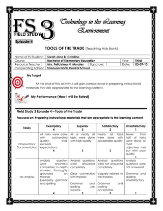 FS 3
FIELD STUDY
Episode 4
                                Technology in the Learning
                                      Environment

                      TOOLS OF THE TRADE (Teaching Aids Bank)

Name of FS Student:    Sarah Jane B. Cabilino
Course                 Bachelor of Elementary Education                            Year     Third
Resource Teacher :     Mrs. Felicisima N. Morales   Signature:                     Date:    03-07-13
Cooperating School:    Tanauan North Central School

        My Target

             At the end of this activity, I will gain competence in preparing instructional
       materials that are appropriate to the learning content.


             My Performance (How I will Be Rated)



 Field Study 3 Episode 4 – Tools of the Trade
 Focused on: Preparing instructional materials that are appropriate to the learning content

                      Exemplary                Superior             Satisfactory      Unsatisfactory
     Tasks
                          4                       3                       2                 1
                  All tasks were done     All or nearly all      Nearly all   tasks   Fewer     than
                  with      outstanding   tasks were done        were done with       half of tasks
                  quality;         work   with high quality      acceptable quality   were done; or
  Observation/    exceeds                                                             most
 Documentation    expectations.                                                       objectives met
                             4                     3                     2            but with poor
                                                                                      quality
                                                                                              1
                  Analysis     question   Analysis questions     Analysis questions   Analysis
                  were       answered     were     answered      were not answered    questions were
                  completely; in depth    completely             completely.          not answered.
                  answers; thoroughly
                  grounded           on   Clear connection       Vaguely related to   Grammar and
   My Analysis    theories                with theories          the theories         spelling
                  Exemplary grammar                                                   Unsatisfactory
                  and spelling            Grammar         and    Grammar       and
                                          spelling         are   spelling
                                          superior.              acceptable.
                           4                        3                     2                 1
 