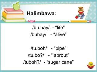 Halimbawa:
/bu.hay/ - “life”
/buhay/ - “alive”
/tu.boh/ - “pipe”
/tu.bo?/ - “ sprout”
/tuboh?/ - “sugar cane”
 