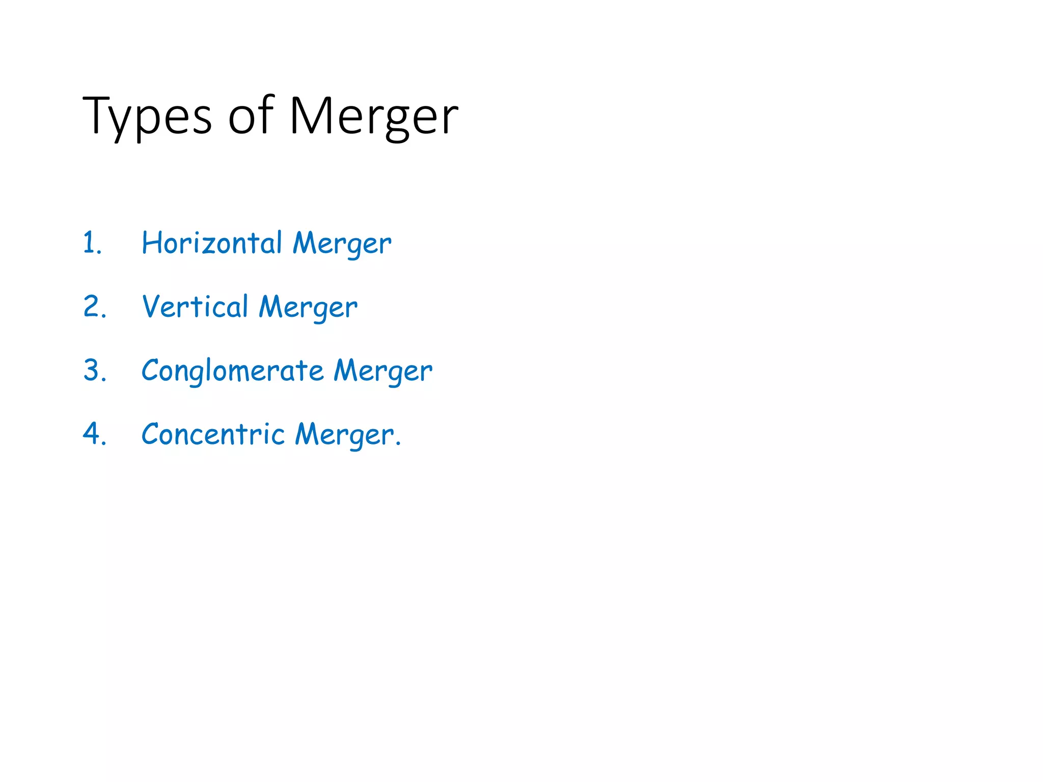 Types of Merger
1. Horizontal Merger
2. Vertical Merger
3. Conglomerate Merger
4. Concentric Merger.
 