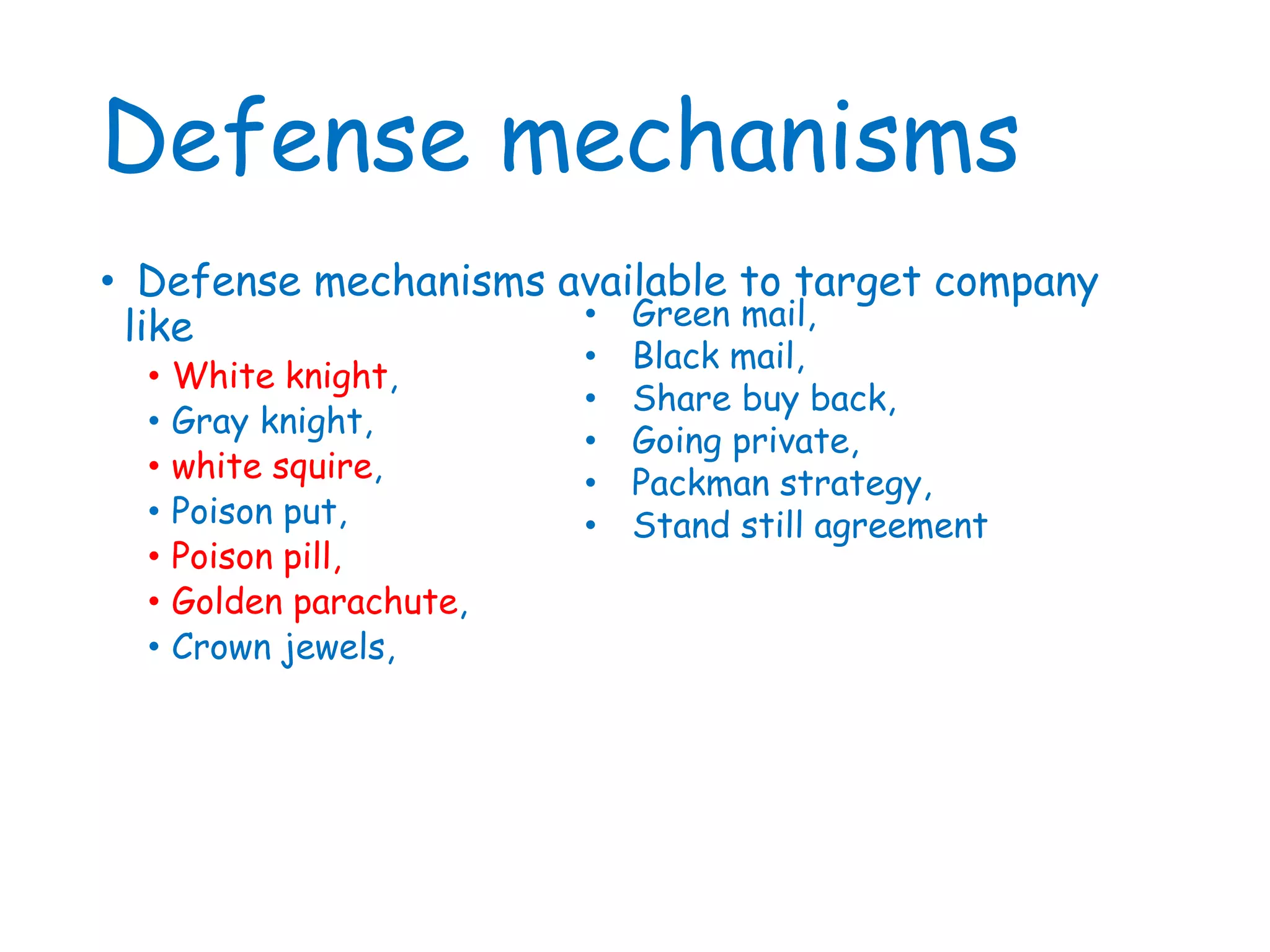 Defense mechanisms
• Defense mechanisms available to target company
like
• White knight,
• Gray knight,
• white squire,
• Poison put,
• Poison pill,
• Golden parachute,
• Crown jewels,
• Green mail,
• Black mail,
• Share buy back,
• Going private,
• Packman strategy,
• Stand still agreement
 