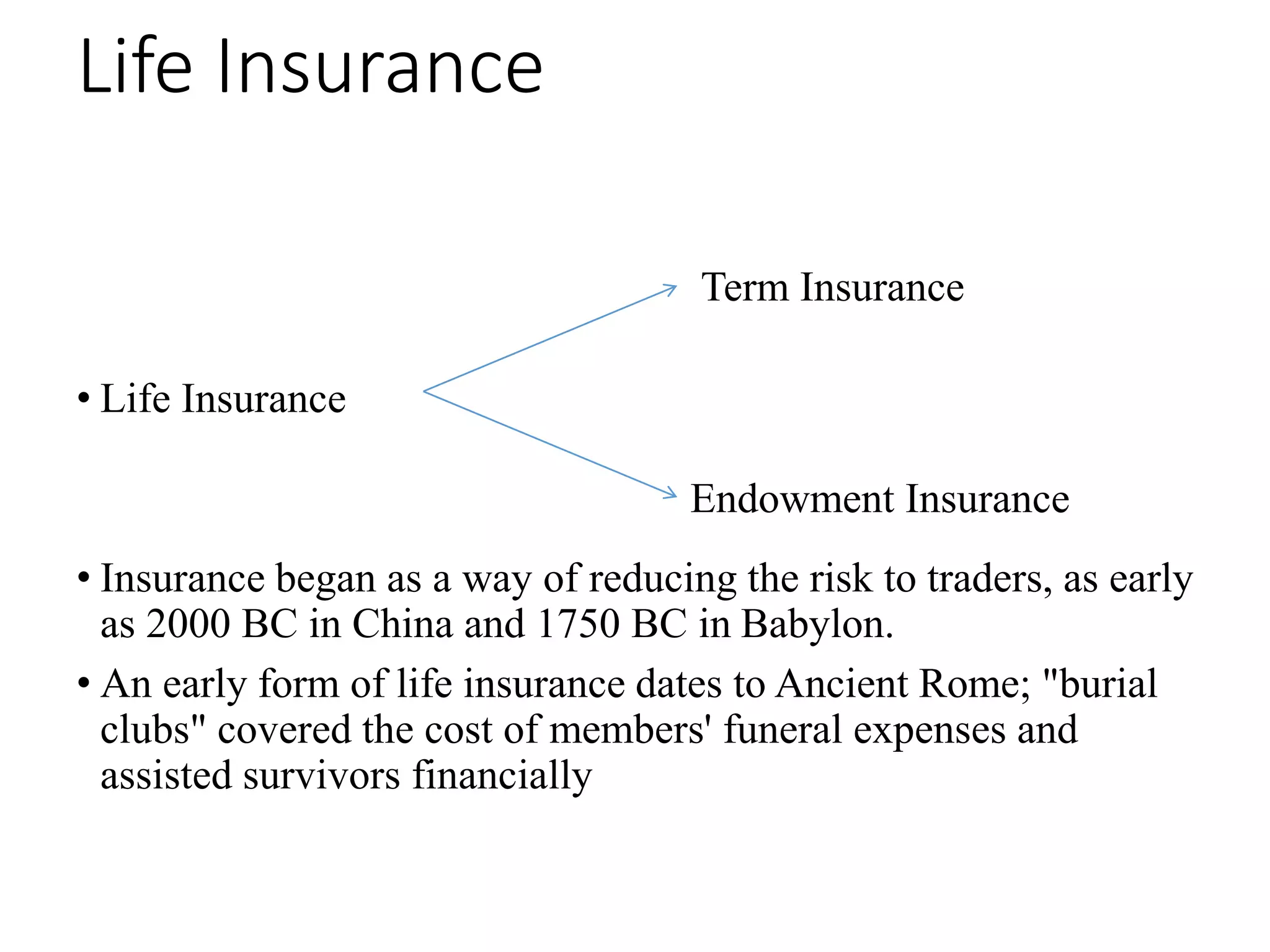 Life Insurance
• Life Insurance
• Insurance began as a way of reducing the risk to traders, as early
as 2000 BC in China and 1750 BC in Babylon.
• An early form of life insurance dates to Ancient Rome; "burial
clubs" covered the cost of members' funeral expenses and
assisted survivors financially
Term Insurance
Endowment Insurance
 