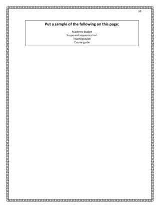 10

Put a sample of the following on this page:
Academic budget
Scope and sequence chart
Teaching guide
Course guide

 