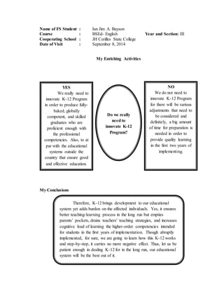 Name of FS Student : Ian Jim A. Bayson
Course : BSEd- English Year and Section: III
Cooperating School : JH Cerilles State College
Date of Visit : September 8, 2014
My Enriching Activities
My Conclusions
Do we really
need to
innovate K-12
Program?
YES
We really need to
innovate K-12 Program
in order to produce fully-
baked, globally
competent, and skilled
graduates who are
proficient enough with
the professional
competencies. Also, to at
par with the educational
systems outside the
country that ensure good
and effective education.
Therefore, K-12 brings development to our educational
system yet adds burden on the affected individuals. Yes, it ensures
better teaching-learning process in the long run but empties
parents’ pockets, drains teachers’ teaching strategies, and increases
cognitive load of learning the higher-order competencies intended
for students in the first years of implementation. Though abruptly
implemented, for sure, we are going to learn how this K-12 works
and step-by-step, it carries no more negative effect. Thus, let us be
patient enough in dealing K-12 for in the long run, our educational
system will be the best out of it.
NO
We do not need to
innovate K-12 Program
for there will be various
adjustments that need to
be considered and
definitely, a big amount
of time for preparation is
needed in order to
provide quality learning
in the first two years of
implementing.
 