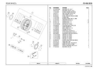 X ON DEMAND* NEW PARTC168031011
CHASSIS # 2200
POS PARTNUMBER PARTNAME PIECE
1* 2611000104430 REAR WHEEL CPL. 5X17" 1
2 78010010244 REAR WHEEL HUB CPL. 2013 1
3 77710016000 DISTANCE BUSHING REAR WHEEL 2
4 0760324771 SHAFT SEAL RING 32X47X7 BSL 2
5 0472047175 CIRCLIP DIN0472-47X1,75 1
6 0625060058 GR.BALL BEAR.6005 DDU2CG23S6NM 2
7 77710015000 DISTANCE RING 1
8 77710011000 BEARING DISTANCE TUBE 121,5MM 1
9* 26110072000 SPOKE NIPPLE M4,5X0,75 36
10* 26110071159 SPOKE M4,5X159 - 17" 18
11* 26110071154 SPOKE M4,5X154 - 17" 18
12 2611007000030 RIM REAR 5X17" BLACK 1
13 61010086000 COLLAR NUT M25X1,5 WS=32 05 1
14 77710084000 CHAIN TENSIONER R/S 1
15 77710085044 WHEEL SPINDLE CPL. '13 1
16 50210086000 COVERING CAP SFL16 x
17 50304040100 SCREW M10X1,25X50 WS=10 2
18 58414030000 HH COLLAR NUT M10X1,25 WS=13 2
19 06923080003 HEXAGON NUT DIN EN1661 M8 SW13 6
20* 7771015104530 SPROCKET 45-T BLACK 1
20* 7771015104830 SPROCKET 48-T BLACK x
20* 7771015105030 SPROCKET 50-T BLACK x
20* 7771015105230 SPROCKET 52-T BLACK x
21 0019080266S COUNTER-SUNK SCREW ISA45 M8X26 6
22 50310165118 CHAIN 5/8X1/4" MX 1
23 50310166000 CONNECTING LINK F. 50310165118 1
24 25010060000 BRAKE DISC REAR D=220MM 1
25 59009062013 SPECIAL SCREW M6X13 WS=8 10.9 6
99 77710015010 REAR WHEEL REP. KIT x
168031011
FFSS 445500 22001166REAR WHEEL
 