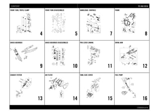 CHASSIS # 11
FRONT FORK, TRIPLE CLAMP
4
FRONT FORK DISASSEMBLED
5
HANDLEBAR, CONTROLS
7
FRAME
8
SHOCK ABSORBER
9
SHOCK ABSORBER DISASSEMBLED
10
PRO LEVER LINKING
11
SWING ARM
12
EXHAUST SYSTEM
13
AIR FILTER
14
TANK, SEAT, COVER
15
FUEL PUMP
16
FFSS 445500 22001166CONTENT
 