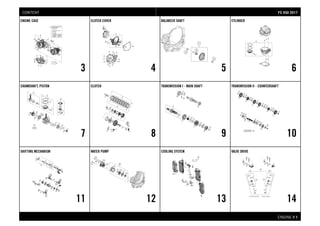 ENGINE # 11
ENGINE CASE
3
CLUTCH COVER
4
BALANCER SHAFT
5
CYLINDER
6
CRANKSHAFT, PISTON
7
CLUTCH
8
TRANSMISSION I - MAIN SHAFT
9
TRANSMISSION II - COUNTERSHAFT
10
SHIFTING MECHANISM
11
WATER PUMP
12
COOLING SYSTEM
13
VALVE DRIVE
14
FFSS 445500 22001177CONTENT
 