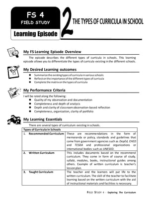 FIELD STUDY 4 - Exploring The Curriculum
/jikm
My FS Learning Episode Overview
The episode describes the different types of curricula in schools. This learning
episode allows you to differentiate the types of curricula existing in the different schools.
My Desired Learning outcomes
 Summarize the existingtypesof curriculainvariousschools
 Reflectonthe importance of the differenttypesof curricula
 Complete the matrix onthe typesof curricula
My Performance Criteria
I will be rated along the following:
 Quality of my observation and documentation
 Completeness and depth of analysis
 Depth and clarity of classroomobservation-based reflection
 Completeness, organization, clarity of portfolio
My Learning Essentials
There are several types of curriculum existing in schools.
Types of Curricula in Schools
1. Recommended Curriculum These are recommendations in the form of
memoranda or policy, standards and guidelines that
came from government agencies such as DepEd, CHED
and TESDA and professional organizations or
international bodies such as UNESCO.
2. Written Curriculum This includes documents based on the recommend
curriculum. They come in form of course of study,
syllabi, modules, books, instructional guides among
others. Example of written curriculum is teacher’s
lesson plan.
3. Taught Curriculum The teacher and the learners will put life to the
written curriculum. The skill of the teacher to facilitate
learning based on the written curriculum with the aid
of instructional materials and facilities is necessary.
FS 4
FIELD STUDY
Learning Episode
 