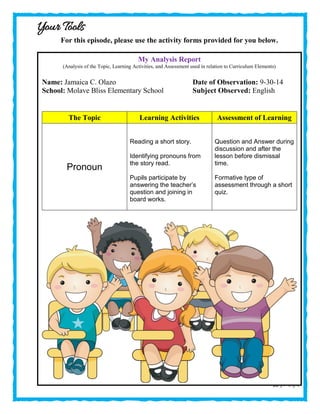 18 | P a g e
Your Tools
For this episode, please use the activity forms provided for you below.
My Analysis Report
(Analysis of the Topic, Learning Activities, and Assessment used in relation to Curriculum Elements)
Name: Jamaica C. Olazo Date of Observation: 9-30-14
School: Molave Bliss Elementary School Subject Observed: English
The Topic Learning Activities Assessment of Learning
Pronoun
Reading a short story.
Identifying pronouns from
the story read.
Pupils participate by
answering the teacher’s
question and joining in
board works.
Question and Answer during
discussion and after the
lesson before dismissal
time.
Formative type of
assessment through a short
quiz.
 