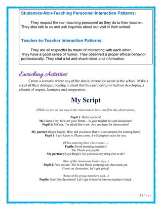 3 | P a g e
Enriching Activities
Create a scenario where any of the above interaction occur in the school. Make a
script of their dialogue, bearing in mind that this partnership is built on developing a
climate of respect, harmony and cooperation.
My Script
(While we are on our way to the classroom to have our first day observation.)
Pupil 1: Hello teachers!
Me (Jam): Hey, how are you? Hmm…Is your teacher in your classroom?
Pupil 1: Ma’am, I’m afraid she’s not. Are you here for observation?
My partner (Kuya Regie): How did you know that it’s our purpose for coming here?
Pupil 1: I just knew it. Please come. I will prepare seats for you.
(When entering their classrooms…)
Pupils: Good morning, teachers!
Us: Thank you pupils.
My partner (Kuya Regie): Do you have anything else to do?
(One of the classroom leader says..)
Pupil 2: Yes ma’am! We’re not finish cleaning our classroom yet.
Come on classmates, let’s get going!
(Some of his group members said…)
Pupils: Sure! So classmates! Let’s get it done before our teacher is back.
Student-to-Non-Teaching Personnel Interaction Patterns:
They respect the non-teaching personnel as they do to their teacher.
They also talk to us and ask inquiries about our visit in their school.
Teacher-to-Teacher Interaction Patterns:
They are all respectful by mean of interacting with each other.
They have a good sense of humor. They observed a proper ethical behavior
professionally. They chat a lot and share ideas and information.
 