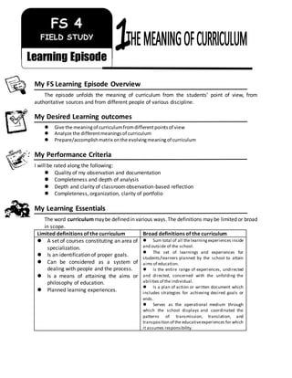 /jizkm
My FS Learning Episode Overview
The episode unfolds the meaning of curriculum from the students’ point of view, from
authoritative sources and from different people of various discipline.
My Desired Learning outcomes
 Give the meaningof curriculumfromdifferentpointsof view
 Analyze the differentmeaningsof curriculum
 Prepare/accomplishmatrix onthe evolvingmeaningof curriculum
My Performance Criteria
I will be rated along the following:
 Quality of my observation and documentation
 Completeness and depth of analysis
 Depth and clarity of classroomobservation-based reflection
 Completeness, organization, clarity of portfolio
My Learning Essentials
The word curriculummaybe defined in various ways.The definitions may be limited or broad
in scope.
Limited definitions of the curriculum Broad definitions of the curriculum
 A set of courses constituting an area of
specialization.
 Is an identification of proper goals.
 Can be considered as a system of
dealing with people and the process.
 Is a means of attaining the aims or
philosophy of education.
 Planned learning experiences.
 Sum total of all the learningexperiences inside
and outside of the school.
 The set of learnings and experiences for
students/learners planned by the school to attain
aims of education.
 Is the entire range of experiences, undirected
and directed, concerned with the unfolding the
abilities of the individual.
 Is a plan of action or written document which
includes strategies for achieving desired goals or
ends.
 Serves as the operational medium through
which the school displays and coordinated the
patterns of transmission, translation, and
transposition of the educativeexperiences for which
it assumes responsibility.
FS 4
FIELD STUDY
Learning Episode
 