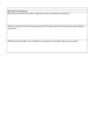 REFLECTIVE JOURNAL
How did you feel about the teacher’s experience in the use of authentic assessment?




What do you think have been the gains enjoyed by the teacher and his/her students from using authentic
assessment?




Which part of the teacher’s use of authentic assessment do you feel like improving or revising?
 