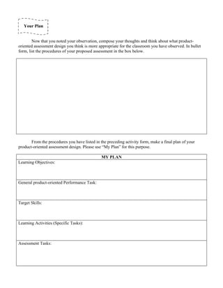 Your Plan


        Now that you noted your observation, compose your thoughts and think about what product-
oriented assessment design you think is more appropriate for the classroom you have observed. In bullet
form, list the procedures of your proposed assessment in the box below.




       From the procedures you have listed in the preceding activity form, make a final plan of your
product-oriented assessment design. Please use “My Plan” for this purpose.

                                               MY PLAN
Learning Objectives:



General product-oriented Performance Task:



Target Skills:



Learning Activities (Specific Tasks):



Assessment Tasks:
 