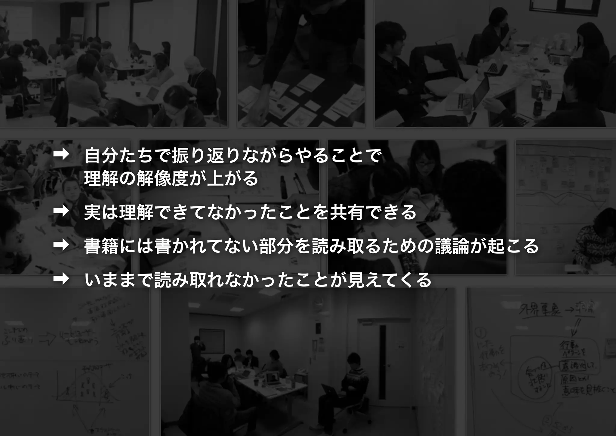 ➡ 自分たちで振り返りながらやることで 
理解の解像度が上がる
➡ 実は理解できてなかったことを共有できる
➡ 書籍には書かれてない部分を読み取るための議論が起こる
➡ いままで読み取れなかったことが見えてくる
 